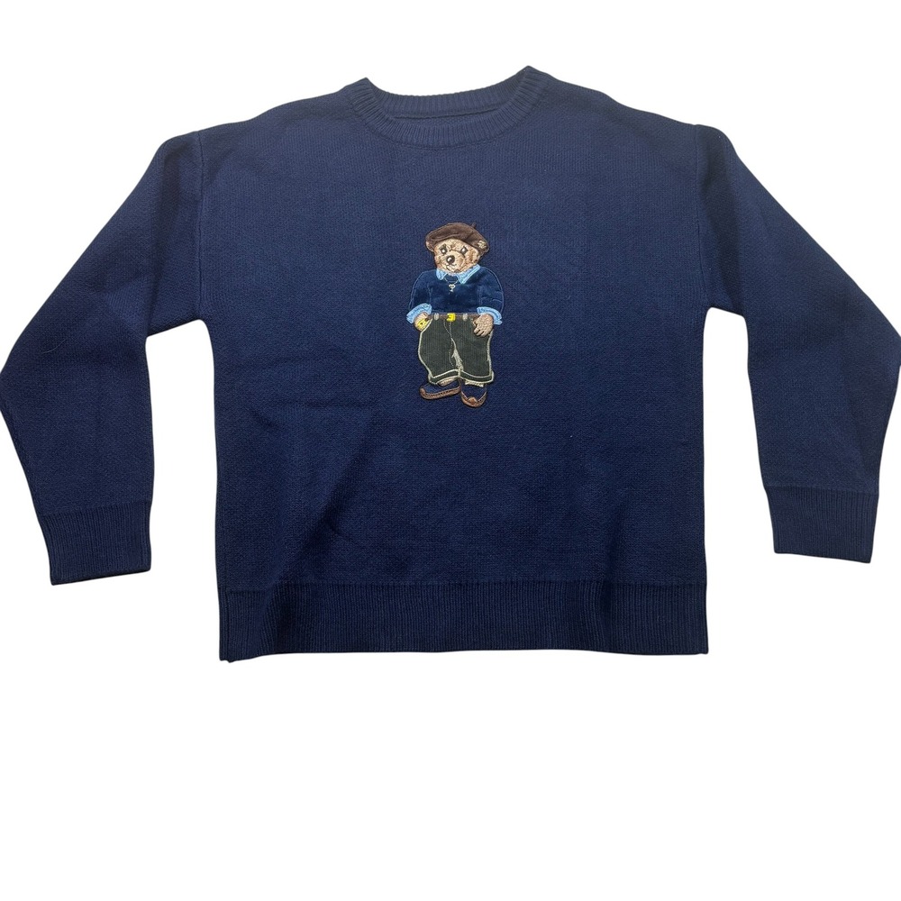 Navy Blue Teddy Bear Graphic Knit Crewneck Sweater Pullover Beret Patch  #1171